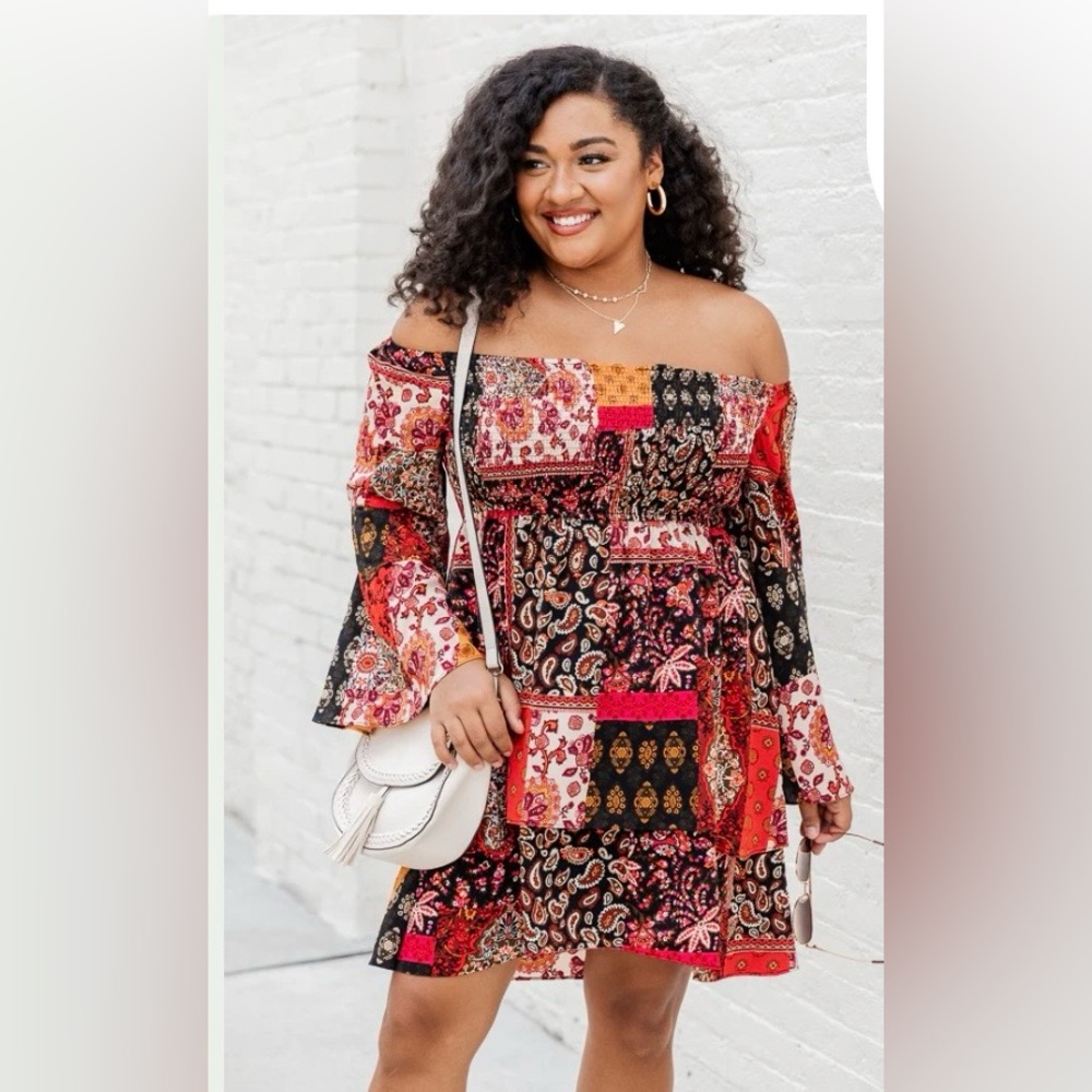 Pink Lily Patchwork print off shoulder dress
